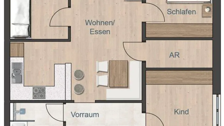 Detaillierter Grundriss einer Wohnung mit Balkon, offenem Wohn-/Essbereich und mehreren Zimmern.