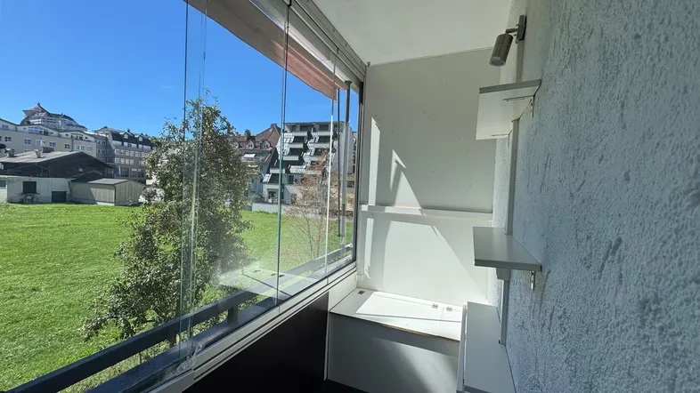 Verglaster Balkon mit Blick auf eine grüne Wiese und die umliegenden Gebäude.