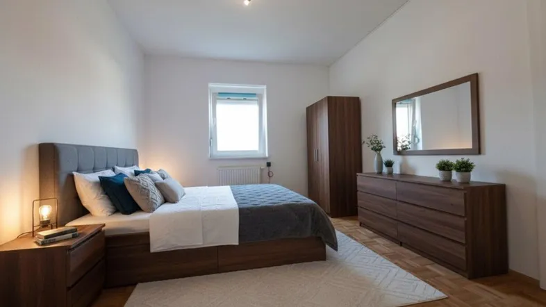 Helles Schlafzimmer mit modernem Bett, Holzmöbeln und Parkettboden, das einen gepflegten Eindruck macht.