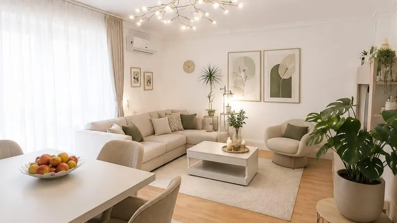 Helles, modern eingerichtetes Wohn-Esszimmer mit beigem Sofa, Esstisch und Holzboden.