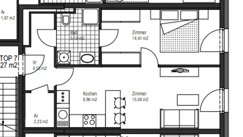 Detaillierter Grundriss einer Wohnung mit mehreren Zimmern, Bad und Küche.