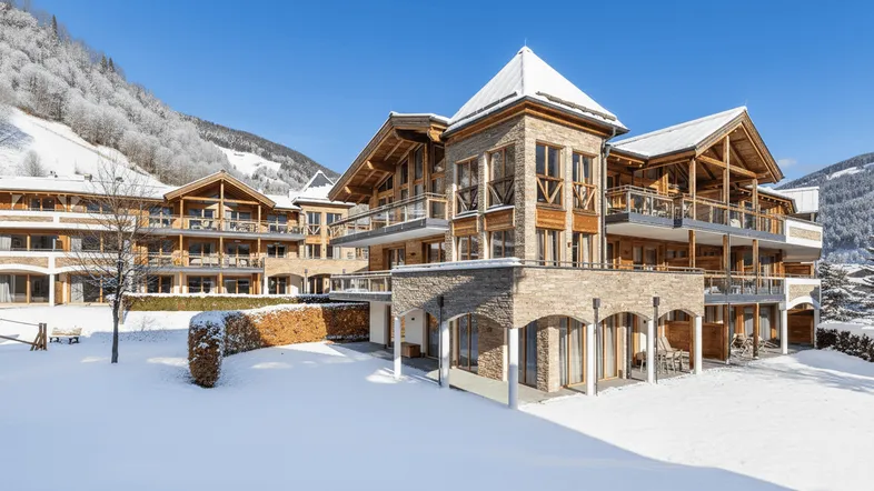 Modernes Gebäude im alpinen Stil mit Holzelementen und verschneiter Landschaft im Hintergrund unter blauem Himmel.