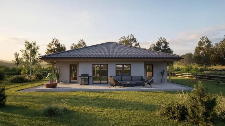 Moderne Hausrückseite mit großer Terrasse, bequemen Gartenmöbeln und Grillbereich im Grünen.