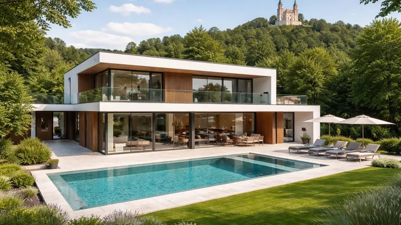 Moderne Villa mit großem Pool, weitläufigem Garten und Blick auf eine historische Burg auf dem Hügel.