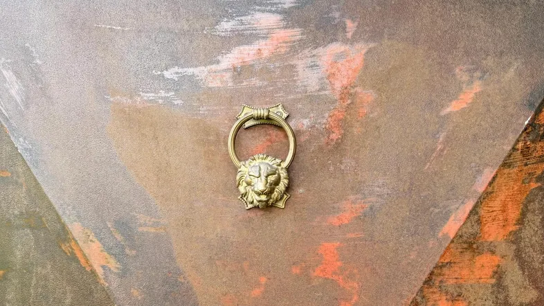 Goldener Türklopfer mit Löwenkopf-Design auf einer strukturierten Oberfläche, der Eleganz verleiht.