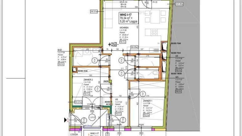 Detaillierter Grundriss einer Wohnung mit mehreren Zimmern, Loggia und Terrasse.
