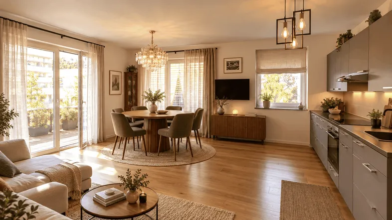 Heller, offener Wohn- und Essbereich mit integrierter Küche und Zugang zum Balkon.