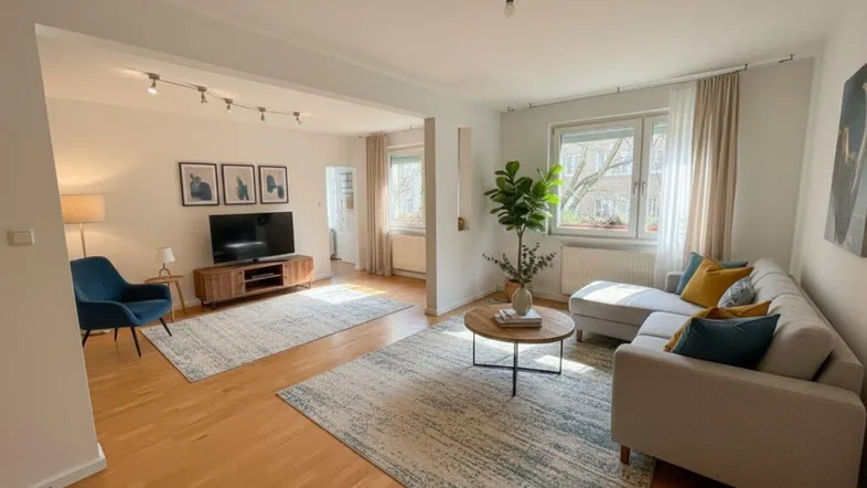 Helles Wohnzimmer mit Parkettboden, bequemer Couch und Blick ins Grüne durch große Fenster.