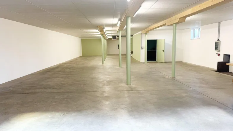 Großer, leerer Raum mit Betonboden, weißen Wänden und grünen Stützpfeilern, ideal für Lager oder Produktion.