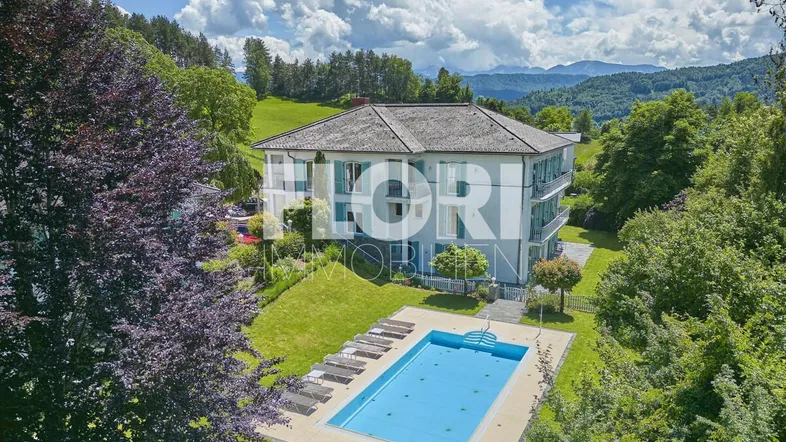 Großzügige Außenansicht des Anwesens mit Swimmingpool, Liegewiese und Bergblick unter blauem Himmel.