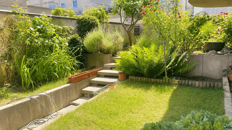 Gepflegter Gartenbereich mit Treppe und verschiedenen Pflanzen, umgeben von Wohngebäuden.