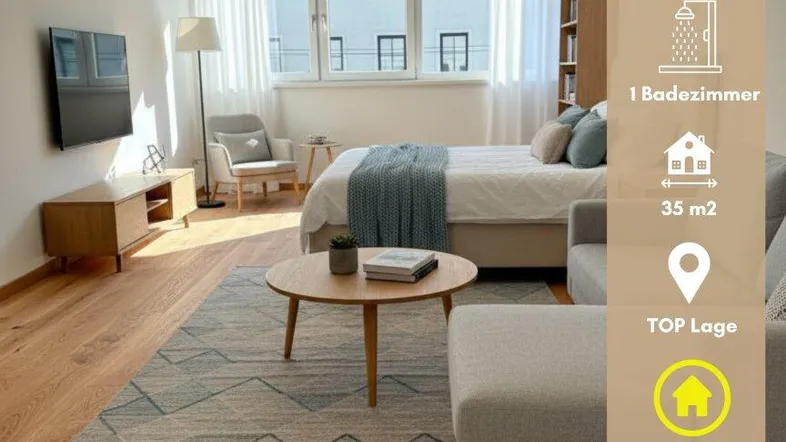Helles, modern eingerichtetes Studio-Apartment mit Holzboden und großen Fenstern, ideal für urbanes Wohnen.