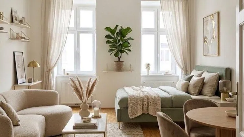 Helles, modern eingerichtetes Wohnzimmer mit beigem Sofa, Holzboden und einem Bett in Pastellgrün.