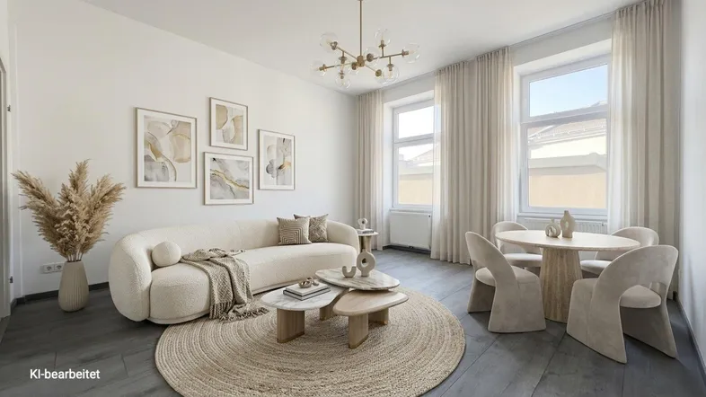 Helles, modern eingerichtetes Wohn-Esszimmer mit beigem Sofa, rundem Teppich und elegantem Esstisch.