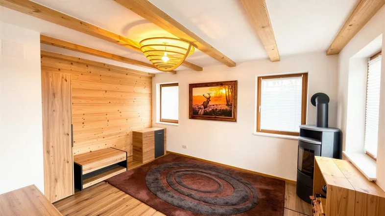 Gemütliches Wohnzimmer mit Holzbalkendecke, Holzvertäfelung und einem modernen Kaminofen.