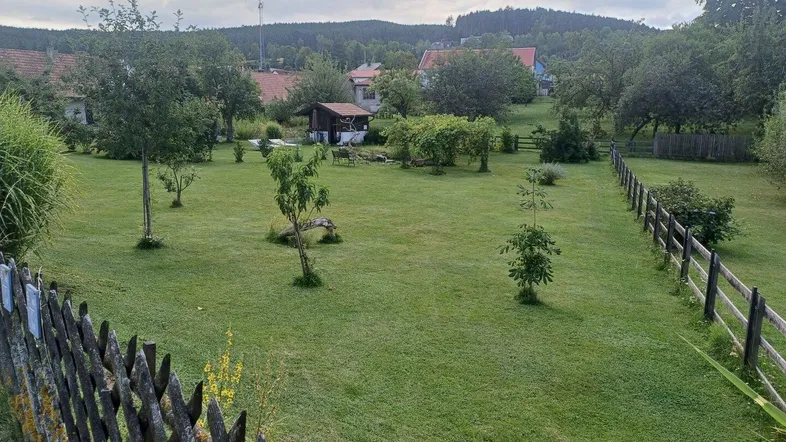 Großer, gepflegter Garten mit Rasenfläche, jungen Bäumen und einem Holzzaun im ländlichen Umfeld.