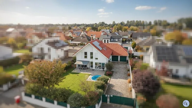 Luftaufnahme eines Einfamilienhauses mit Garten, Pool und Photovoltaikanlage auf dem Dach.