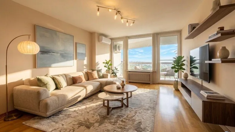 Helles Wohnzimmer mit beigem Ecksofa, Holzboden und Zugang zu einem Balkon mit Stadtblick.
