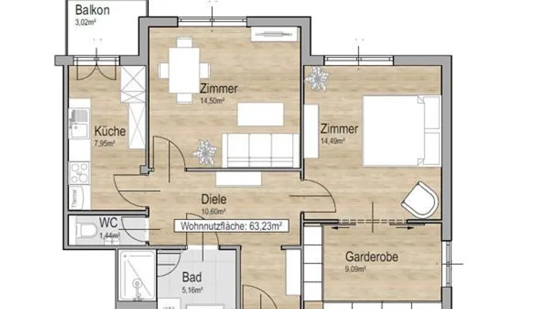 Grundriss einer Wohnung nach Umbau mit Balkon, zwei Zimmern, Diele, Küche, Bad und separatem WC.