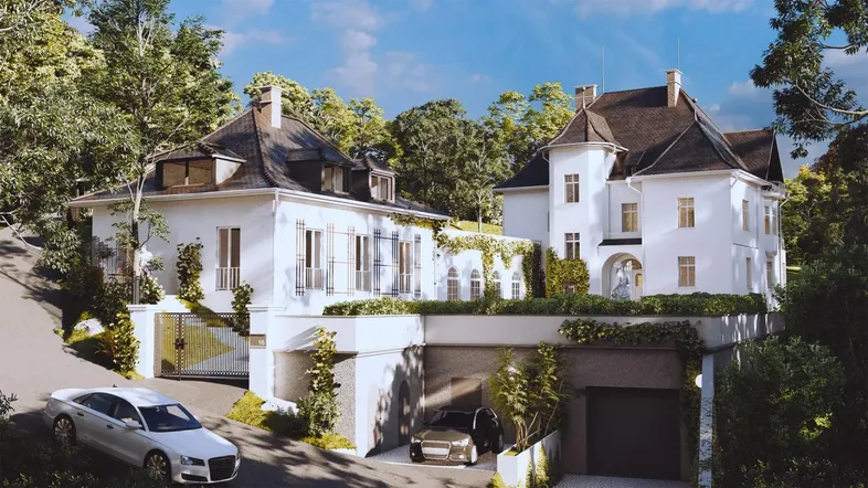 Eindrucksvolle Stadtvilla mit klassischer Architektur, umgeben von viel Grün und mit integrierter Tiefgarage.
