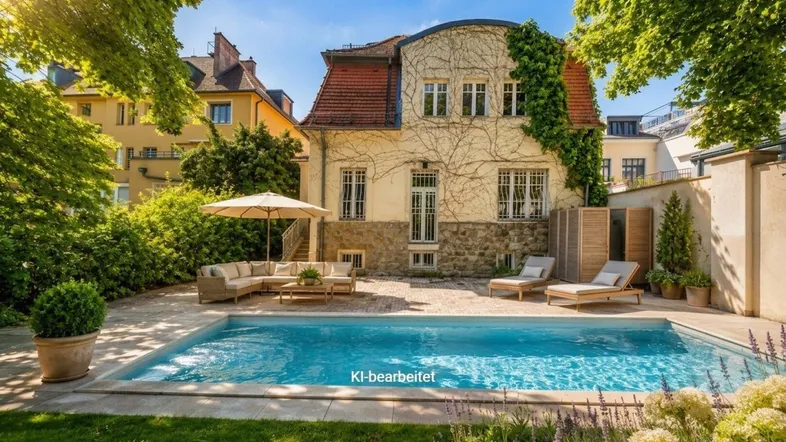 Luxuriöser Gartenbereich mit großem Pool, Sonnenterrasse und bequemen Lounge-Möbeln vor einer charmanten Villa.