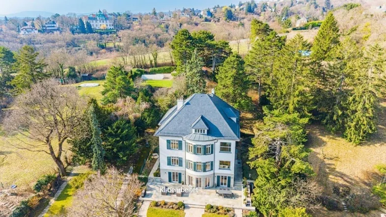 Eine prächtige Villa mit blauem Dach, umgeben von üppigem Grün und einer weitläufigen Landschaft.