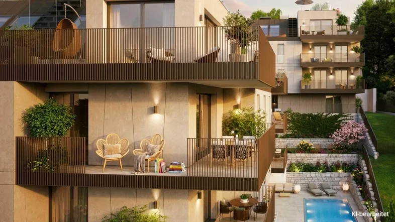 Moderne Apartmentanlage mit gestuften Terrassen, Balkonen und einem Gemeinschaftspoolbereich.