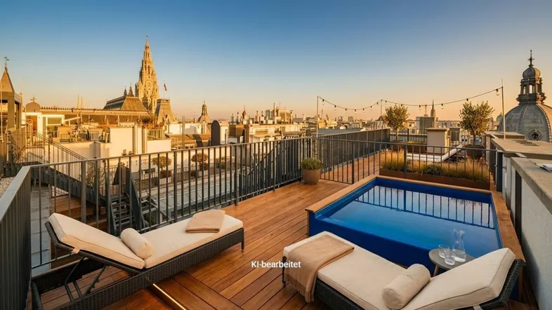 Exklusive Dachterrasse mit kleinem Pool, Sonnenliegen und atemberaubendem Blick über die Stadt bei Sonnenuntergang.