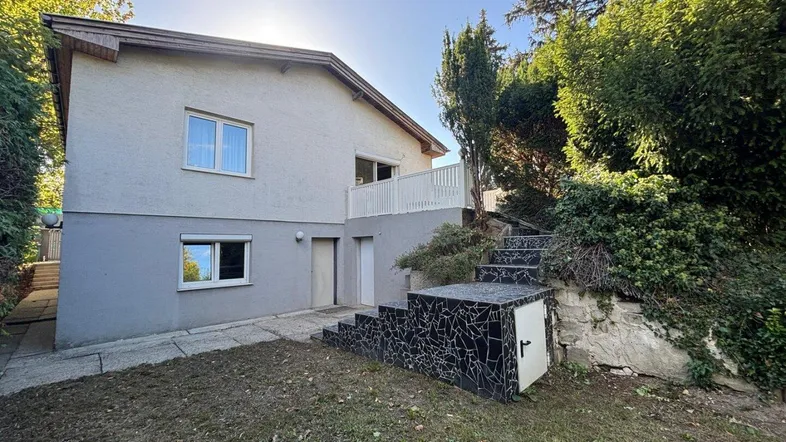 Seitliche Ansicht des Hauses mit Zugang zum Garten und einer Außentreppe.