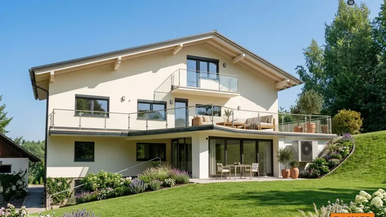 Modernes Haus mit mehreren Balkonen, einer Terrasse und gepflegtem Gartenbereich.