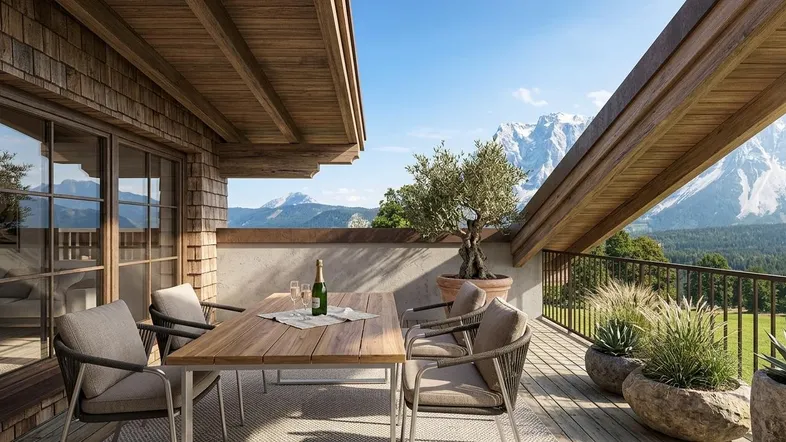 Gemütliche Terrasse mit Holzboden, Esstisch und atemberaubendem Bergblick.