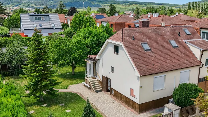 Luftaufnahme des Einfamilienhauses mit Garten, umgeben von grüner Landschaft und anderen Häusern.