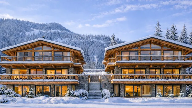 Zwei luxuriöse Chalets in verschneiter Berglandschaft mit Holzbalkonen und großen Fenstern.