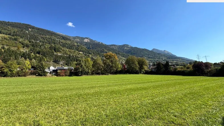 Weitläufige grüne Wiese mit Blick auf die umliegende Berglandschaft und einige Häuser.