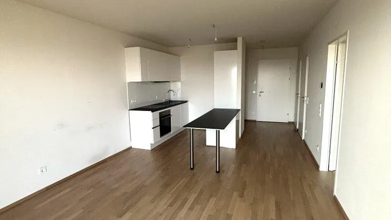 Heller offener Wohnbereich mit integrierter Küche, Holzboden und modernem Design.