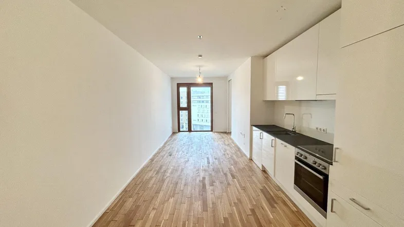 Heller, offener Wohnbereich mit integrierter Küchenzeile, Parkettboden und Zugang zum Balkon.