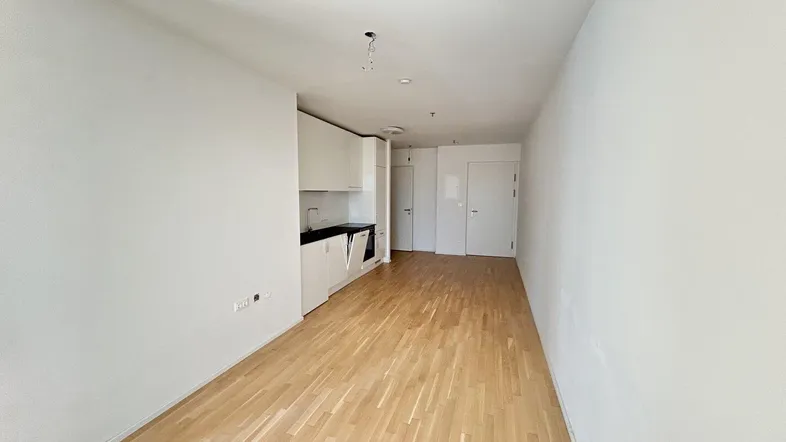 Heller Wohnraum mit Holzboden und integrierter Küchenzeile, ideal für modernes Wohnen.