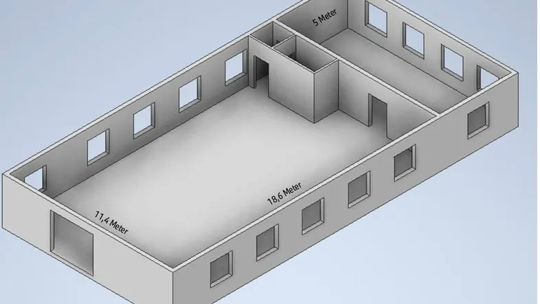 Dreidimensionaler Grundriss einer großen, offenen Fläche mit mehreren Fenstern und Türen.