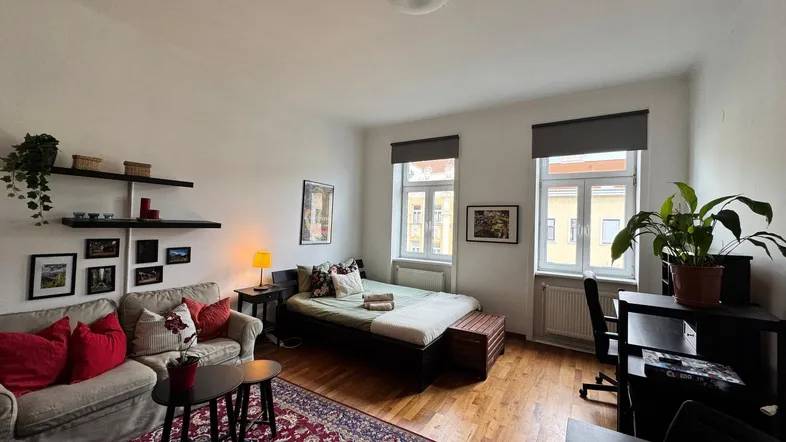Helles Wohnzimmer mit Schlafbereich, Holzboden, gemütlichem Sofa und Arbeitsplatz am Fenster.