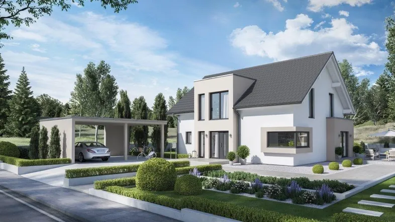 Moderne Architektur mit weißer Fassade, Satteldach, Carport und gepflegtem Vorgarten.