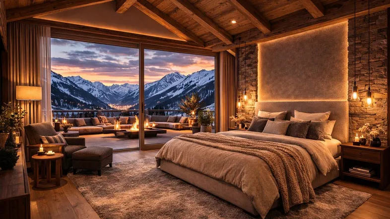 Schlafzimmer im alpinen Stil mit Holzbalkendecke, gemütlichem Bett und Zugang zu einer Terrasse mit Bergblick.