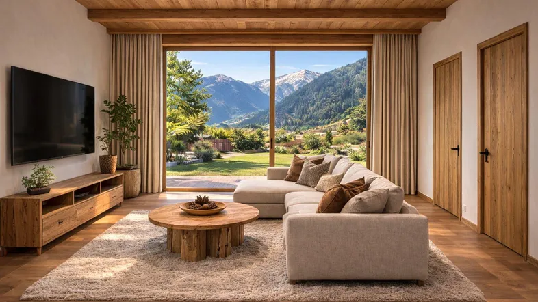 Gemütliches Wohnzimmer mit Holzbalkendecke, großem Fenster und atemberaubendem Bergblick.