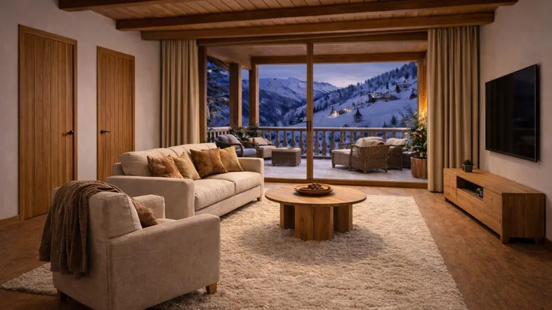 Gemütliches Wohnzimmer mit Holzbalkendecke, beigem Teppich und atemberaubendem Bergblick.