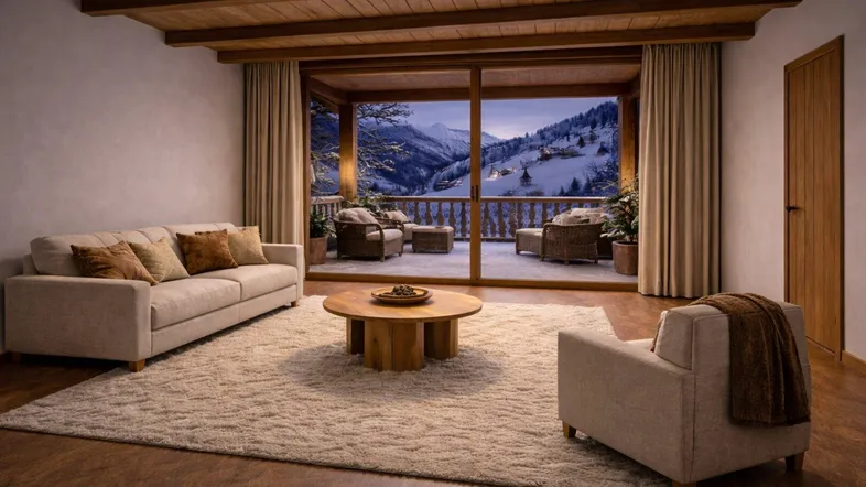 Gemütliches Wohnzimmer mit Holzbalkendecke, beigem Sofa und Blick auf verschneite Berge.