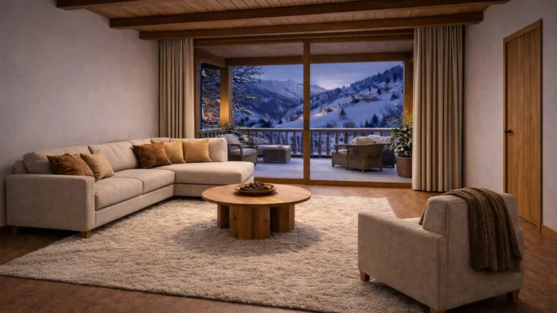 Gemütliches Wohnzimmer mit Holzbalkendecke, großem Sofa und Panoramablick auf die verschneiten Berge.