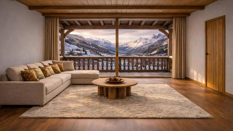 Gemütliches Wohnzimmer im alpinen Stil mit Holzbalkendecke, großem Sofa und Panoramablick auf die verschneiten Berge.