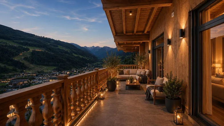 Gemütlicher Balkon mit Holzelementen, stilvollen Möbeln und atemberaubendem Blick auf die Berge und das Tal bei Sonnenuntergang.