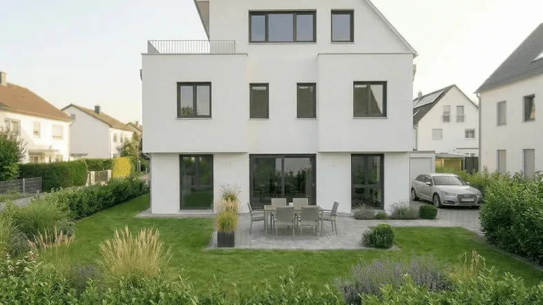 Moderne weiße Doppelhaushälfte mit gepflegtem Garten, Terrasse und Sitzbereich im Freien.