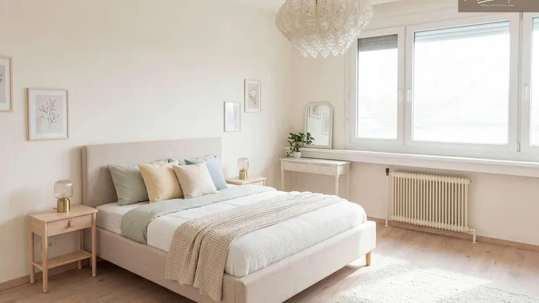 Helles Schlafzimmer mit beigem Bett, Holzboden und großem Fenster, das viel Tageslicht hereinlässt.