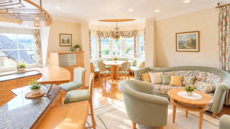 Helles, offenes Wohn- und Esszimmer mit floralen Möbeln, Holzboden und integriertem Küchenbereich.